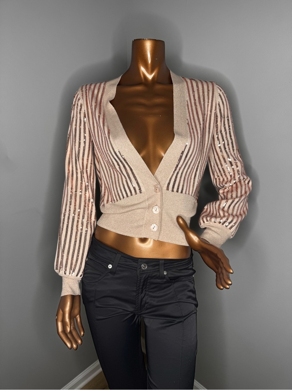 Liu Jo Cropped Sequin-Stripe Cardigan in Blush Pink